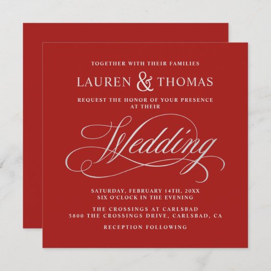 Elegante Silberkalligrafie auf der Rich Red Weddin Einladung (Vorne/Hinten)
