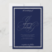 Elegante Silbermarineblau-Monogramm-Hochzeit Einladung (Vorderseite)