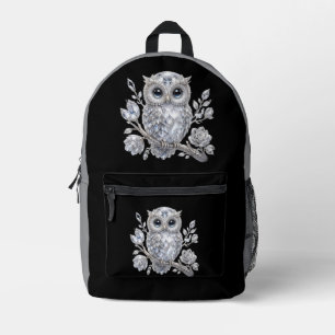 Elegante silberne Eulen-Botanik-Magie-Nacht-Deko Bedruckter Rucksack