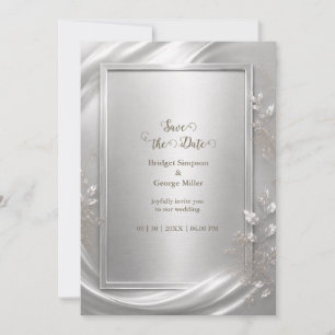 Elegante silberne florale metallische Hochzeitsgla Einladung