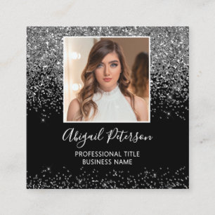 Elegante silberne Glitter-Foto-QR-Code-Schwarz Quadratische Visitenkarte