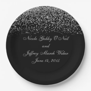 Elegante silberne Glitzerconfetti-Hochzeit Pappteller