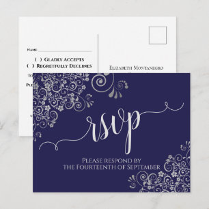 Elegante silberne Kalligrafie marineblaue Hochzeit Postkarte