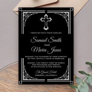 Elegante silberne Kreuz christliche Hochzeitseinla Einladung