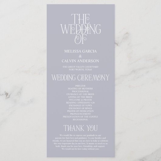Elegante Silberne Mist-Typografie Hochzeitsprogram Programm (Vorderseite)