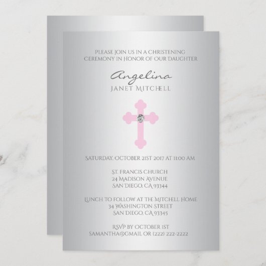 Elegante silberne rosa Quermädchen-Taufe-Taufe Einladung (Vorne/Hinten)