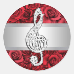 Elegante silberne rote Rosen-Violin-Schlüssel-Aufk Runder Aufkleber