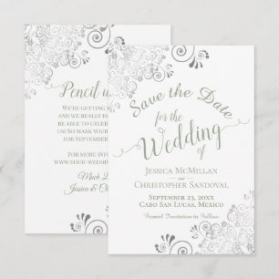 Elegante silberne Spitzen-Hochzeit in Salbeigrün a Save The Date