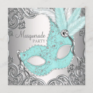 Elegante silberne Türkisblaue Maskenparty Einladung