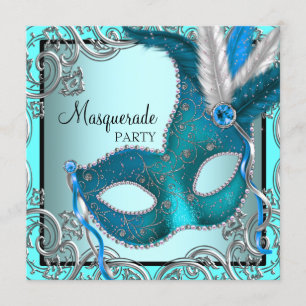 Elegante silberne Türkisblaue Maskenparty Einladung