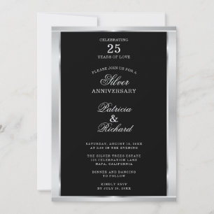 Elegante silberne und schwarze 25. Hochzeitstagsei Einladung