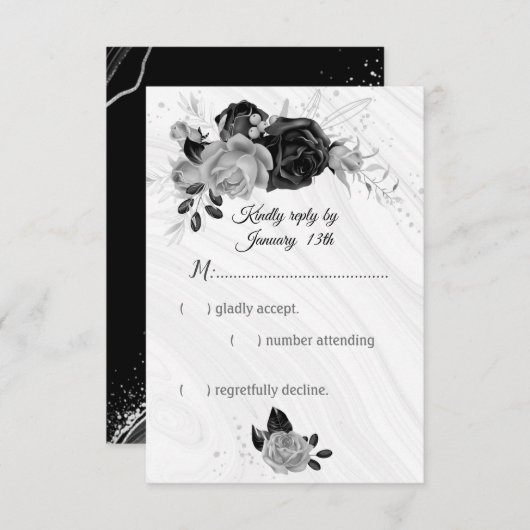 Elegante silberne und schwarze Blume RSVP Karte (Vorne/Hinten)