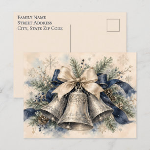 Elegante silberne Weihnachtsglocken Aquarell Feiertagspostkarte