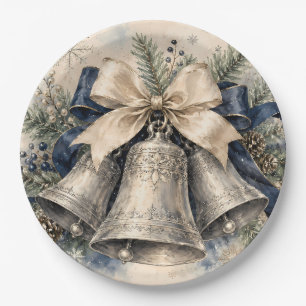 Elegante silberne Weihnachtsglocken Aquarell Pappteller