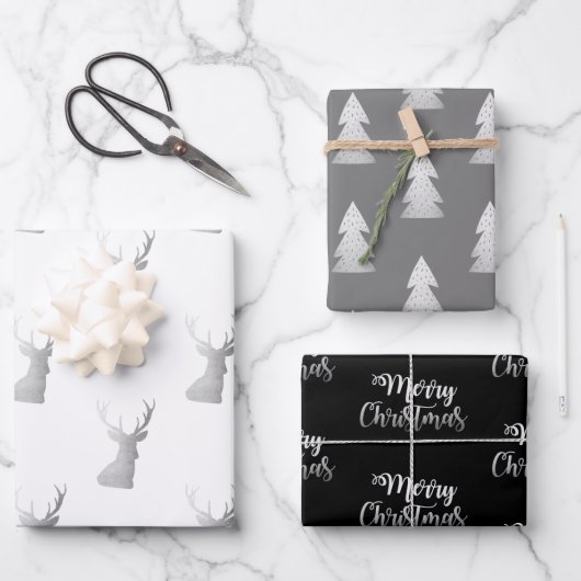 Elegante silberne Weihnachtsmuster Geschenkpapier Set (Vorderseite)