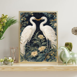 Elegante Silberreiher im Garten – Vintage Botanik Poster