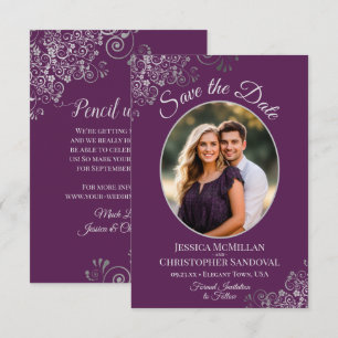 Elegante Silberrollen & Foto Plum Lila Hochzeit Save The Date