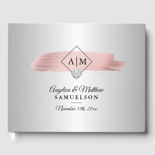 Elegante Silberrosa Rose Gold Monogramme Hochzeit Gästebuch (Vorderseite)