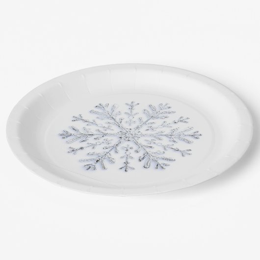 Elegante Silberschneeflocke Pappteller (Schrägansicht)