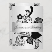 Elegante Silberschwarze Blume Geburtstagsparty Einladung (Vorne/Hinten)