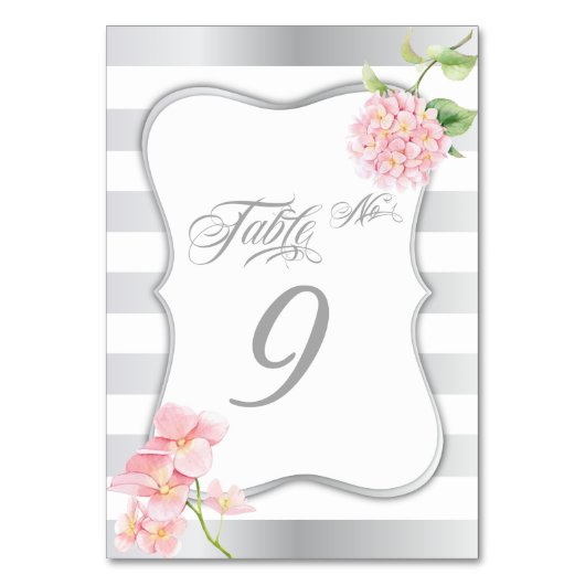 Elegante Silberstreifen Pink Hydrangea-Tischkarte Tischnummer (Rückseite)