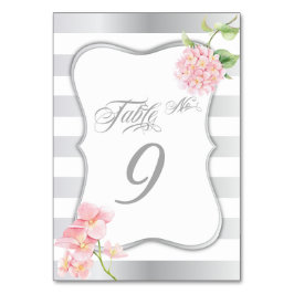 Elegante Silberstreifen Pink Hydrangea-Tischkarte Tischnummer