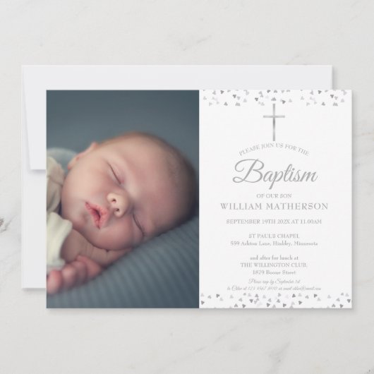Elegante Silbertaufe, Christening Foto Einladung (Vorderseite)
