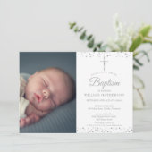 Elegante Silbertaufe, Christening Foto Einladung (Stehend Vorderseite)