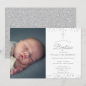 Elegante Silbertaufe, Christening Foto Einladung (Vorne/Hinten)