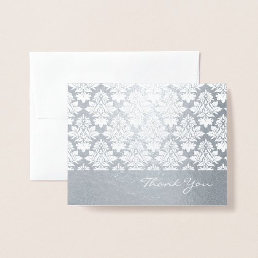 Elegante Silberteufel Damask Danke Note Card Folienkarte (Vorderseite mit Umschlag)