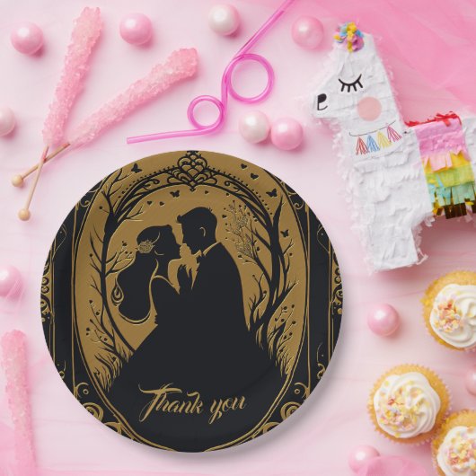 Elegante Silhouette einer Braut und eines Bräutiga Pappteller (Party)