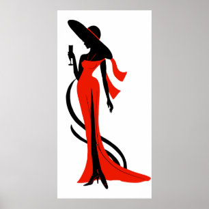 Elegante Silhouette Rotes Kleid mit Weinglas Poster
