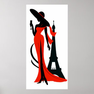 Elegante Silhouette Rotes Kleid mit Weinglas Poster