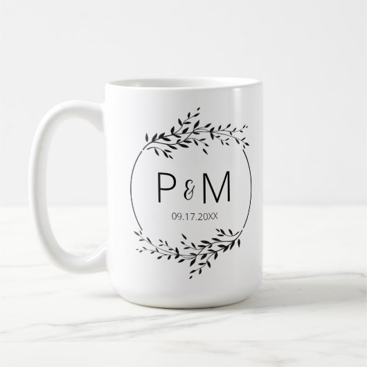 Elegante Silhouette von Blätter Wedding Monogram Kaffeetasse (Links)