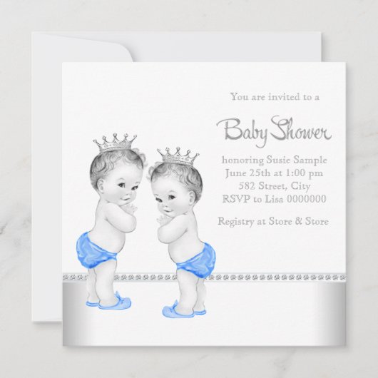 Elegante Silver and Blue Twin Boy Baby Shower Einladung (Vorderseite)