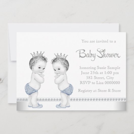 Elegante Silver and Blue Twin Boy Baby Shower Einladung (Vorderseite)