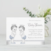 Elegante Silver and Blue Twin Boy Baby Shower Einladung (Stehend Vorderseite)