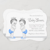 Elegante Silver and Blue Twin Boy Baby Shower Einladung (Vorne/Hinten)