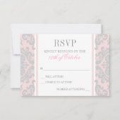 Elegante Silver and Pink Damask Baby Girl Baptisse RSVP Karte (Vorderseite)
