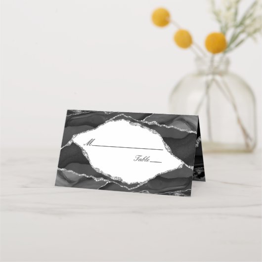 Elegante Silver Black Agate Wedding Platzkarte (Vorderseite)