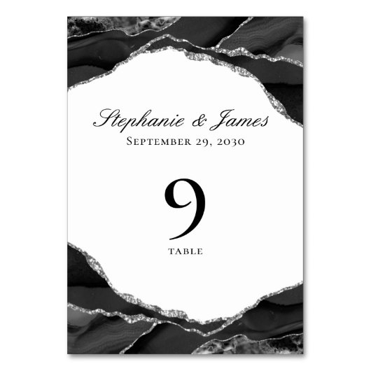 Elegante Silver Black Agate Wedding Tischnummer (Vorderseite)
