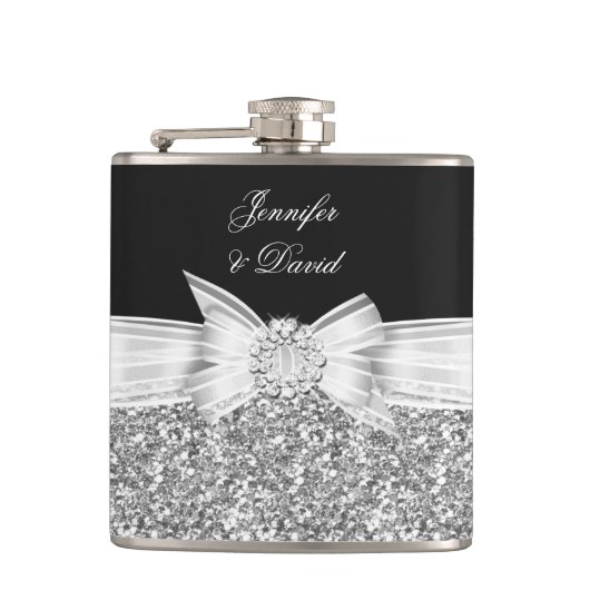 Elegante Silver Black Diamond Wedding Verlobung Flachmann (Vorderseite)