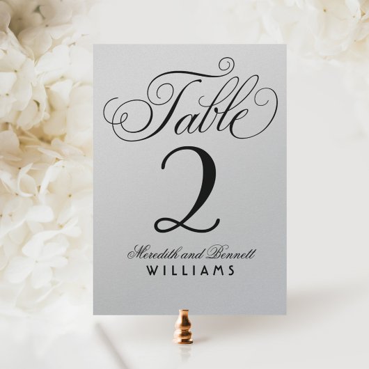 Elegante Silver Black Script Wedding Tischnummer