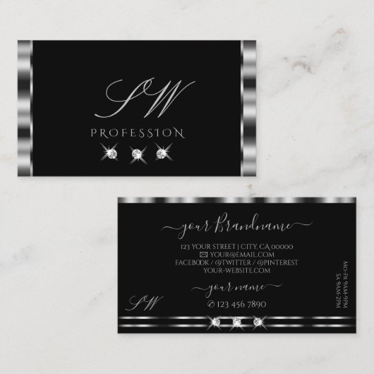 Elegante Silver Black Sparkling Diamonds Initials Visitenkarte (Vorne/Hinten)