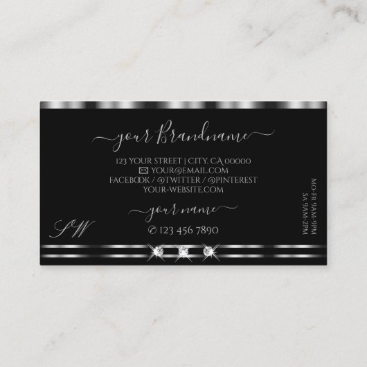 Elegante Silver Black Sparkling Diamonds Initials Visitenkarte (Rückseite)