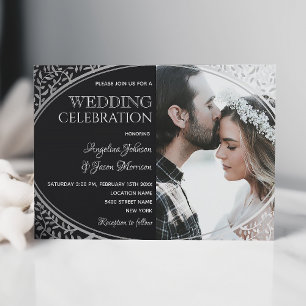 Elegante Silver Black Wedding Einladung mit Foto