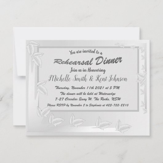 Elegante Silver Blätter Design Probe Dinner Einladung (Vorderseite)