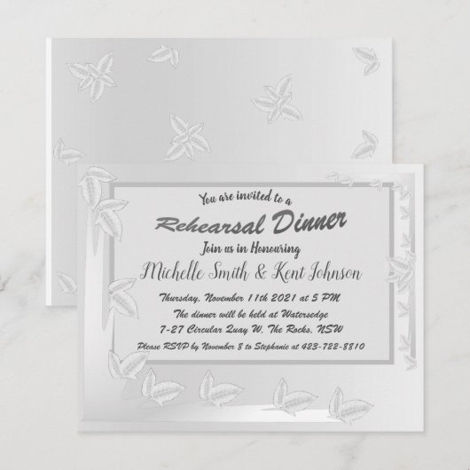 Elegante Silver Blätter Design Probe Dinner Einladung (Vorne/Hinten)