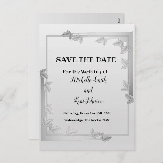 Elegante Silver Blätter Design Save the Date Karte (Vorne/Hinten)