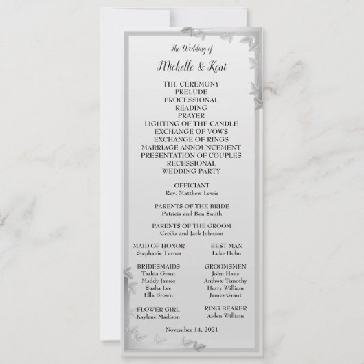 Elegante Silver Blätter Design Wedding Menu Card Einladung (Vorderseite)
